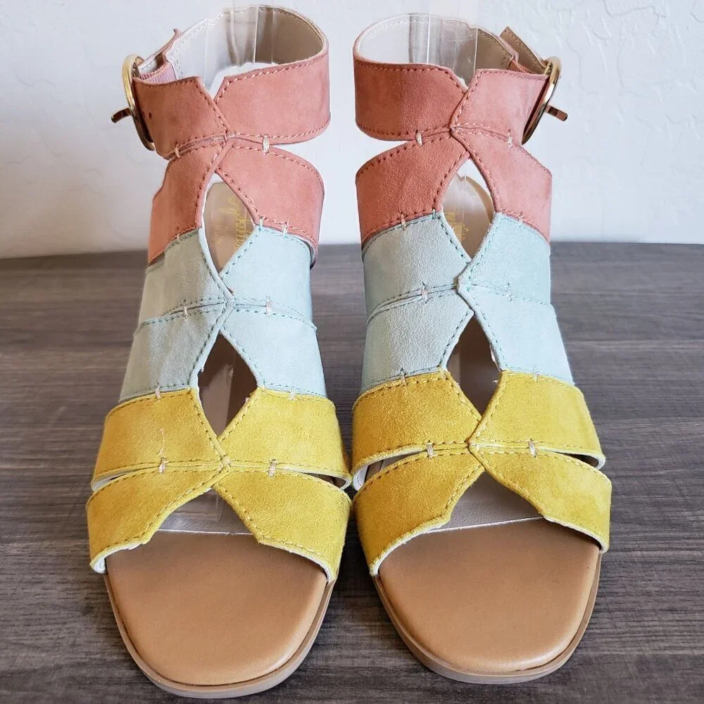 Seychelles Completely Engaged Pastel Suede Sandals Block Heel Multi Women's 7.5